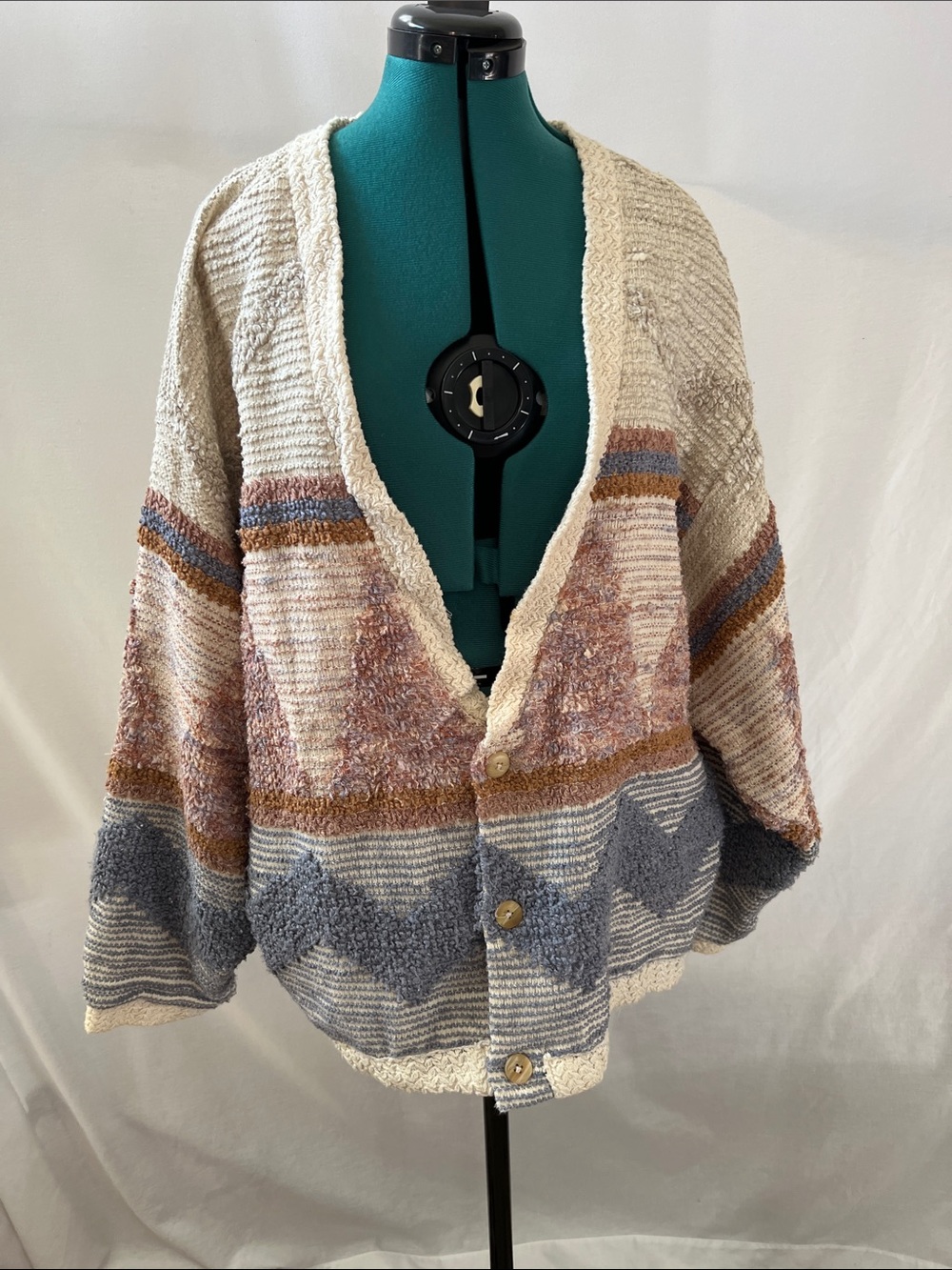 Vintage Allen Wah Textured Cream Blue/Pink/Brown Chevron Abstract Cardigan